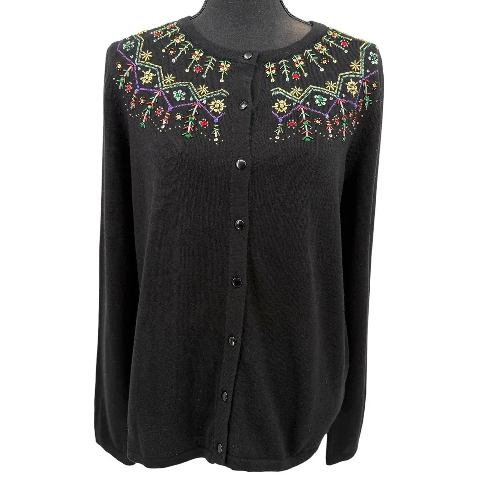 Design Originals Studio Women Cardigan Black Beaded‎ Embellished Sweater Cotton